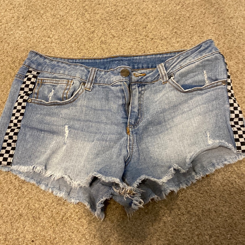 jean shorts with checkard lines, from zumiez